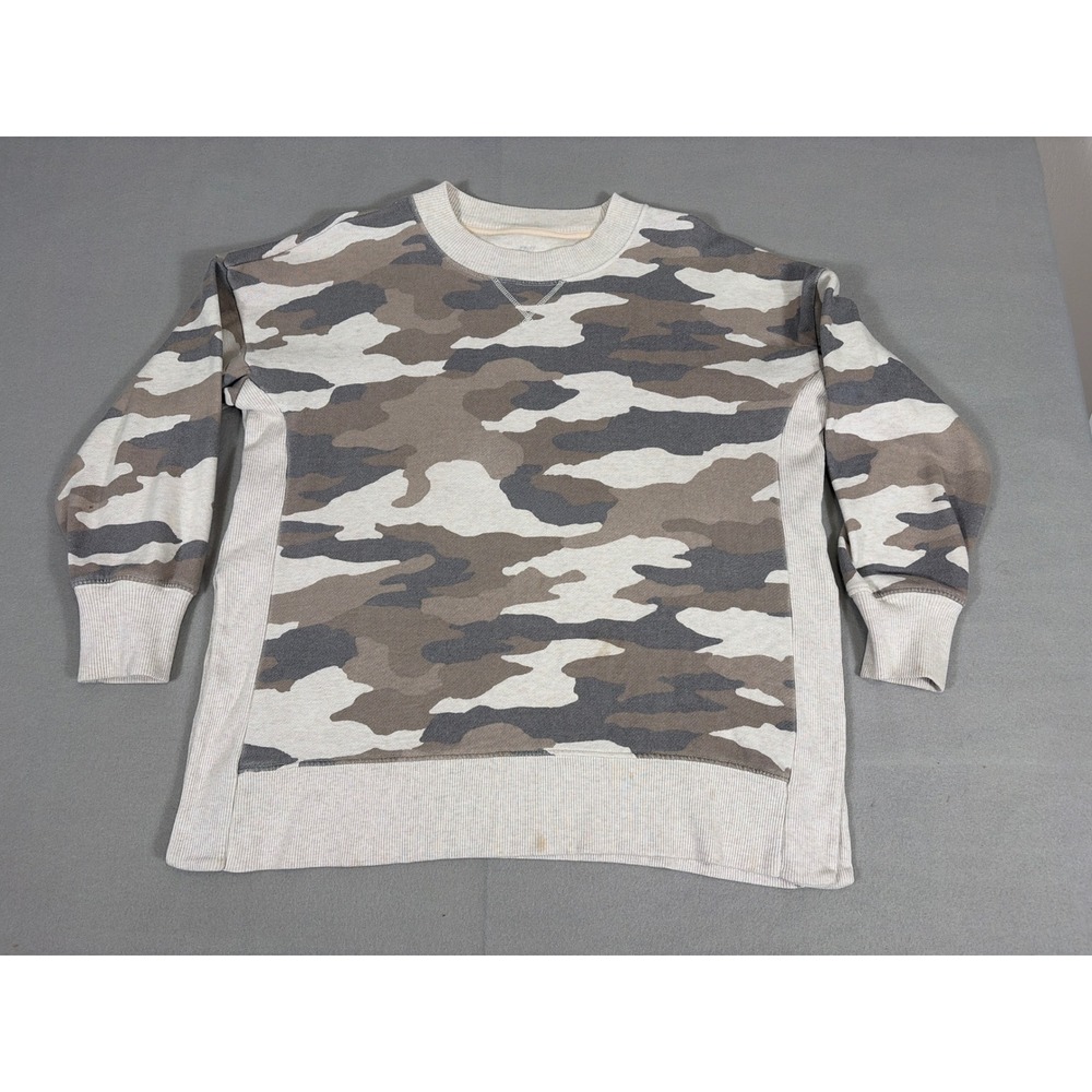 Aerie Womens Camo Crewneck Sweatshirt Brown Tan Oversized Split Hem Size M‎